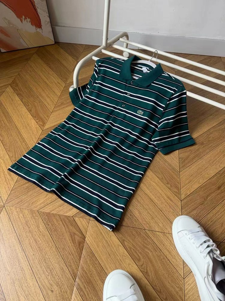 LACOSTE  Summer minimalist business casual striped lapel pearl cotton polo shirt retro embroidered p