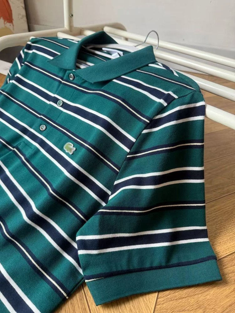 LACOSTE  Summer minimalist business casual striped lapel pearl cotton polo shirt retro embroidered pure cotton men's short sleeved shirt