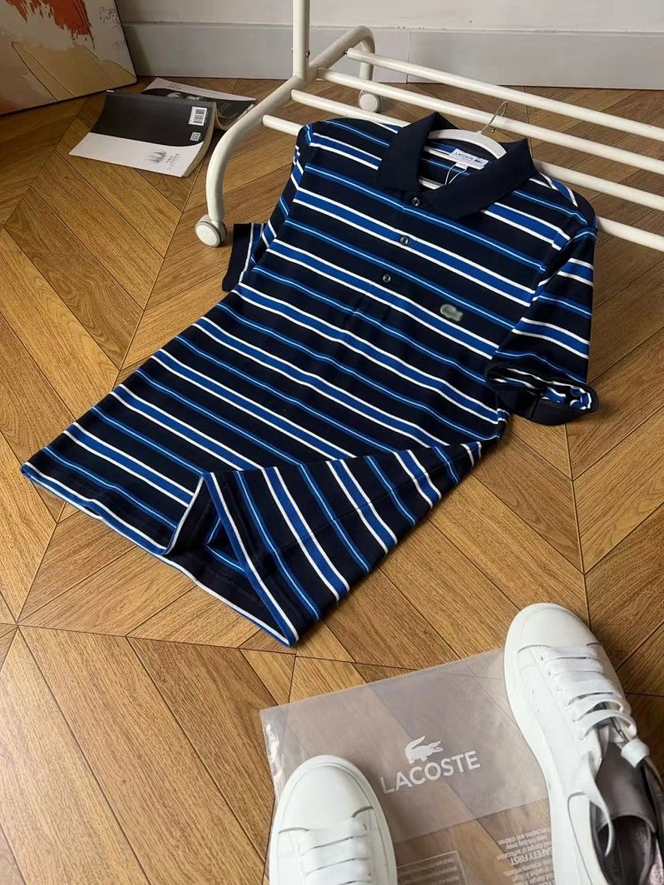 LACOSTE  Summer minimalist business casual striped lapel pearl cotton polo shirt retro embroidered p