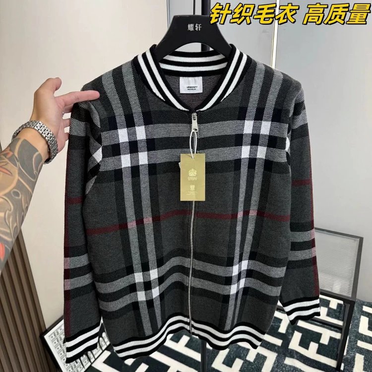 Burberry Knitted Sweater Splicing Checkered Cardigan Light Luxury Jacket Men's Trendy Brand