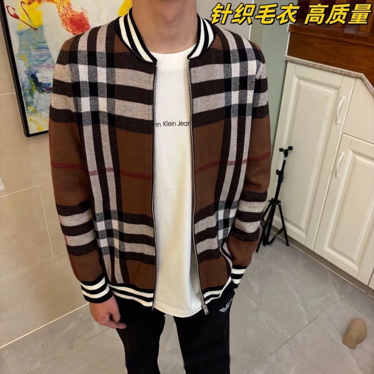 Burberry Knitted Sweater Splicing Checkered Cardigan Light Luxury Jacket Men's Trendy Brand
