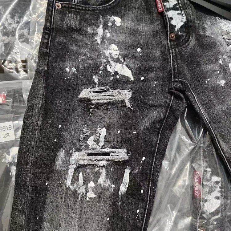  DSQUARED2  Knife cut ink ripped denim pants men's black light luxury straight leg slim fit pants