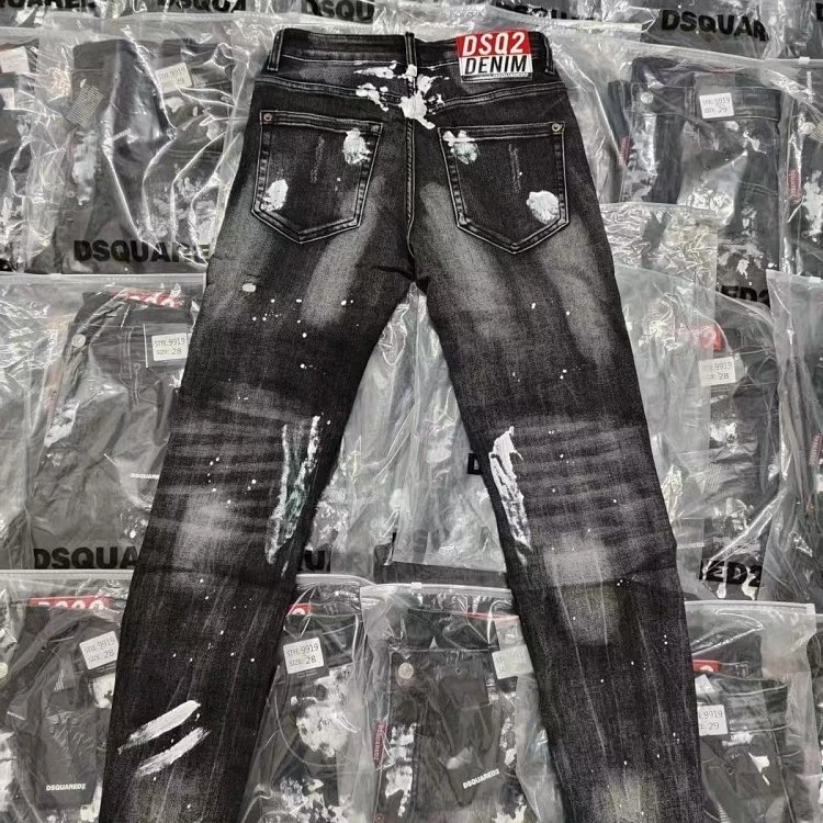  DSQUARED2  Knife cut ink ripped denim pants men's black light luxury straight leg slim fit pants