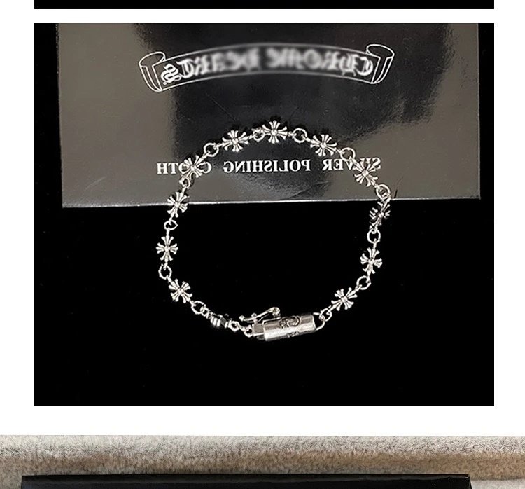 Chrome Hearts Crossing Silver Bracelet, Men's Kroos Heart Cross Bracelet, European and American Hip Hop Exquisite Light Luxury, niche Retro Cross Flower Men's and Women's Personalized Bracelet