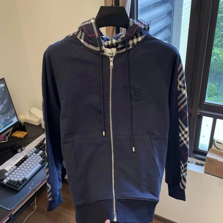 Burberry jacket hoodie 2025 autumn light luxury versatile patchwork cardigan plaid jacket casual hooded trend