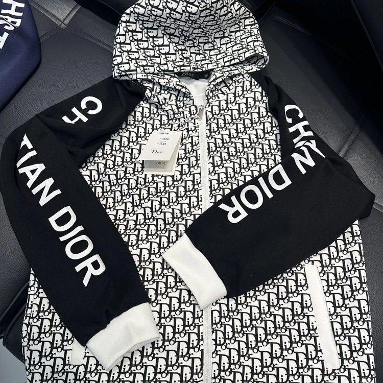 DIOR Light Luxury Full Print Spring and Autumn Coat unisex trendy brand cardigan hooded jacket