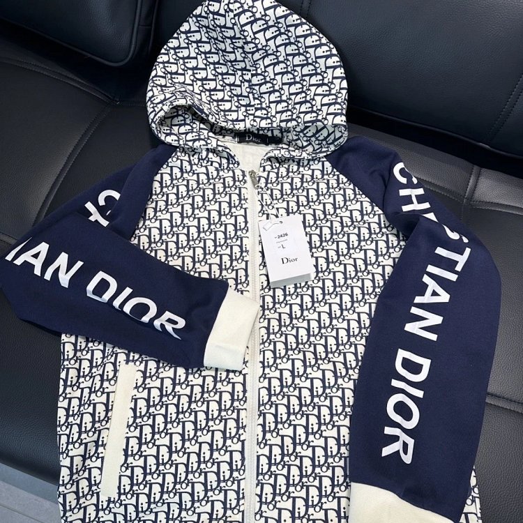 DIOR Light Luxury Full Print Spring and Autumn Coat unisex trendy brand cardigan hooded jacket