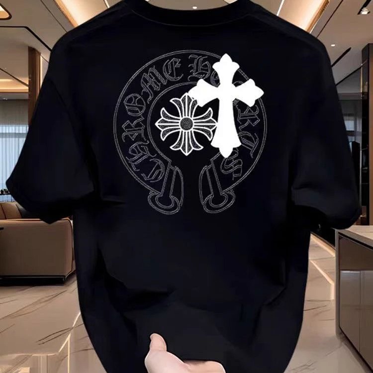 Chrome Hearts Cross Sanskrit Light Luxury Short Sleeve T-shirt for Men and Women, CH Short Sleeve Light Luxury Half Sleeve Top