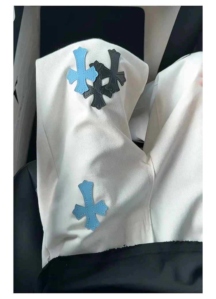 Chrome Hearts White Luxury Jeans Classic Leather Cross Men's and Women's Loose Straight Pants