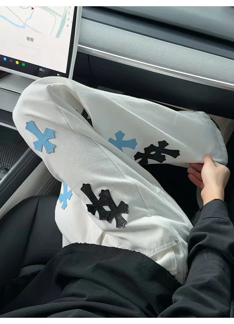 Chrome Hearts White Luxury Jeans Classic Leather Cross Men's and Women's Loose Straight Pants