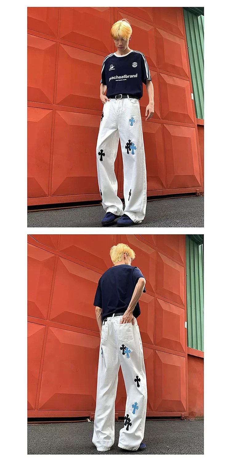 Chrome Hearts White Luxury Jeans Classic Leather Cross Men's and Women's Loose Straight Pants