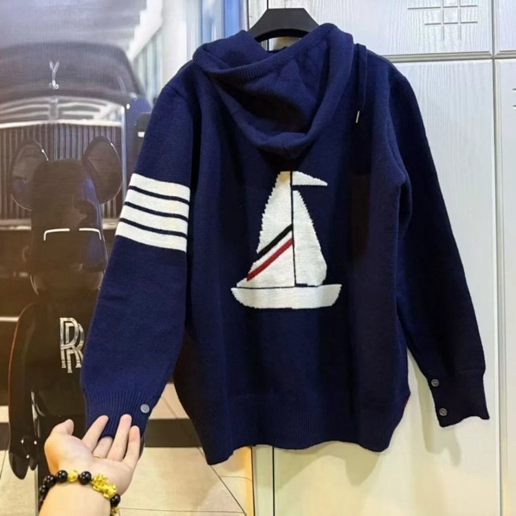 Sailing knitted cardigan sweater jacket with four stripes long sleeved top for both men and women