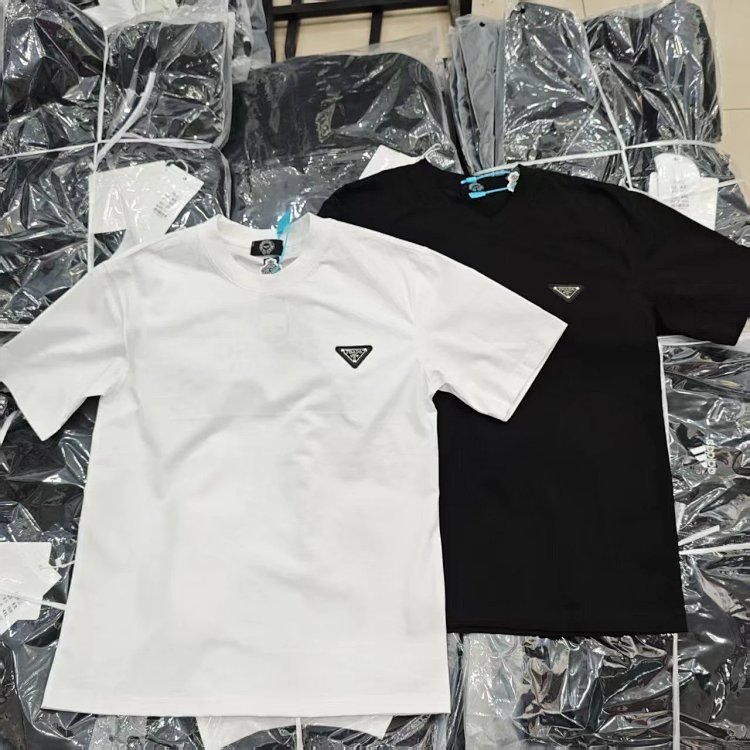 Prada Light Luxury Business Short Sleeve T-shirt Men's White Grey Half Sleeve Top