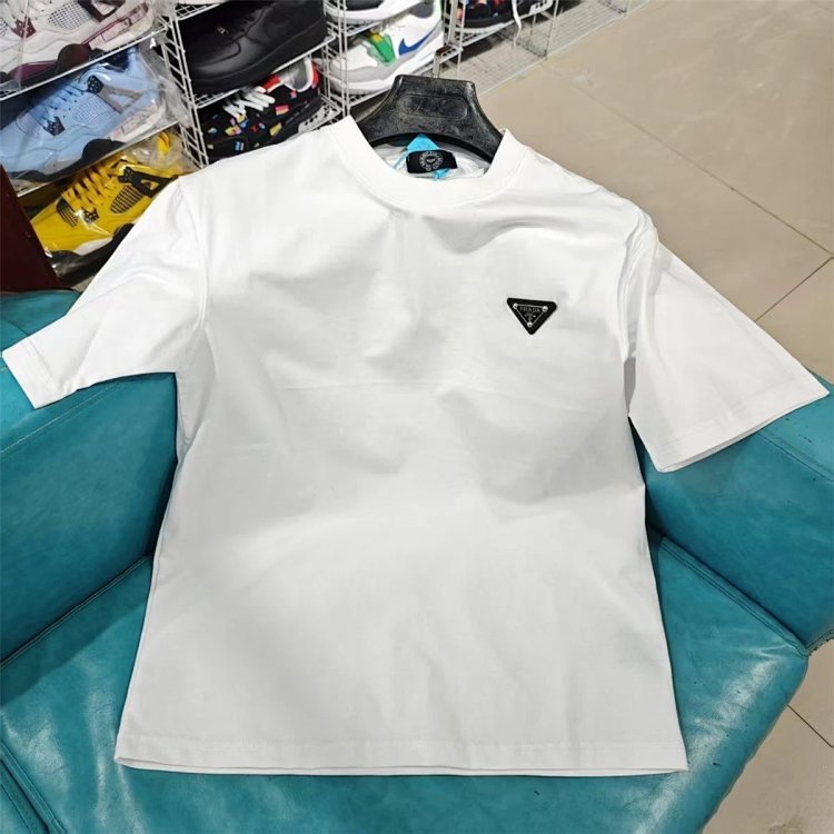 Prada Light Luxury Business Short Sleeve T-shirt Men's White Grey Half Sleeve Top