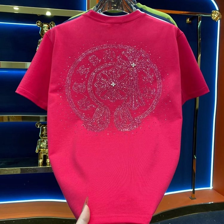 Chrome Heartst Hot Diamond Light Luxury Short Sleeve T-shirt Black Men's and Women's Same Style