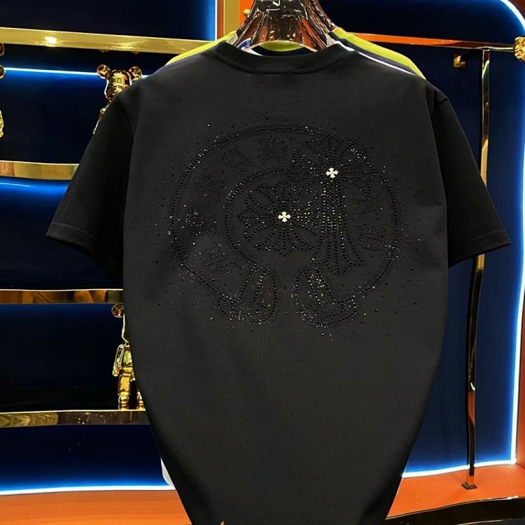 Chrome Heartst Hot Diamond Light Luxury Short Sleeve T-shirt Black Men's and Women's Same Style