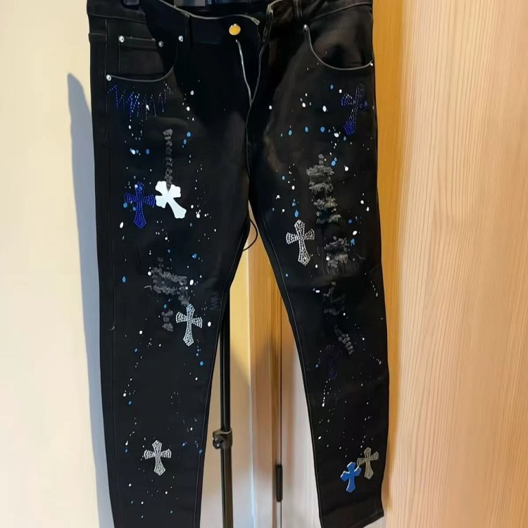 Chrome Hearts  High Street Black Cross Hot Drilled Punched Jeans