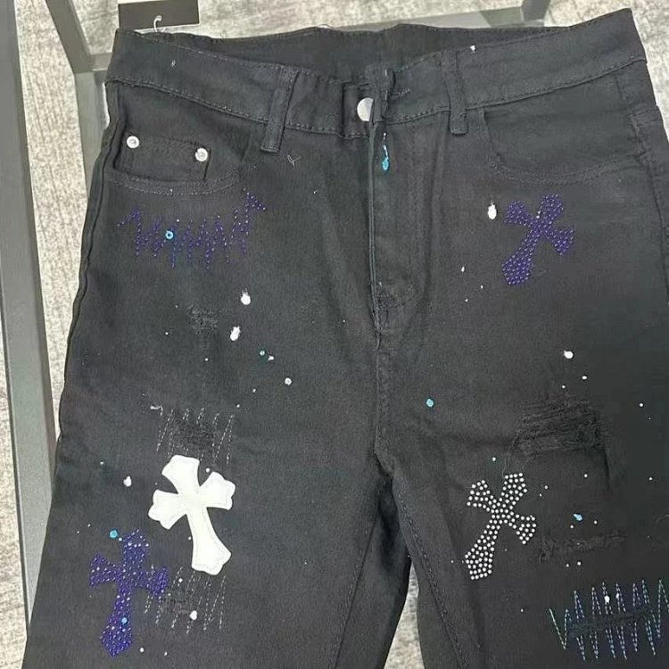 Chrome Hearts  High Street Black Cross Hot Drilled Punched Jeans