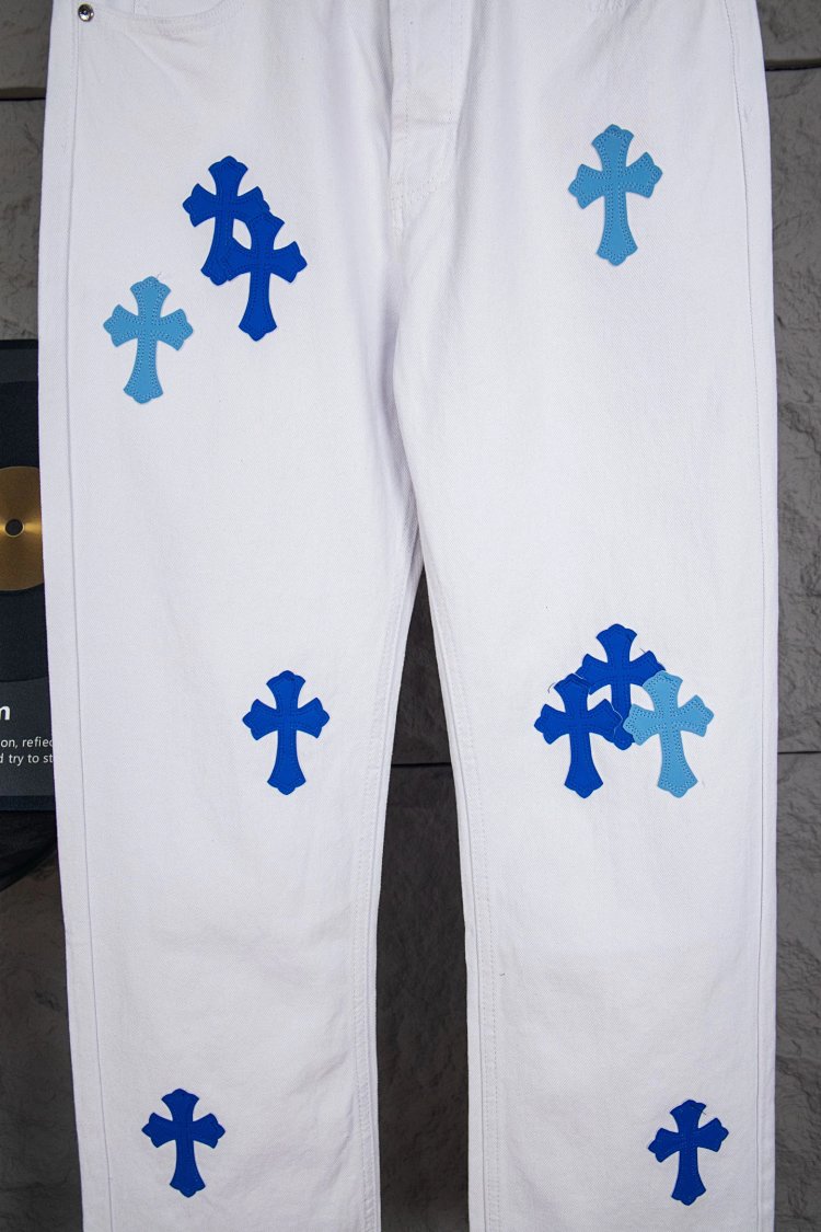 Chrome Hearts  Cross white blue label leather jeans pants