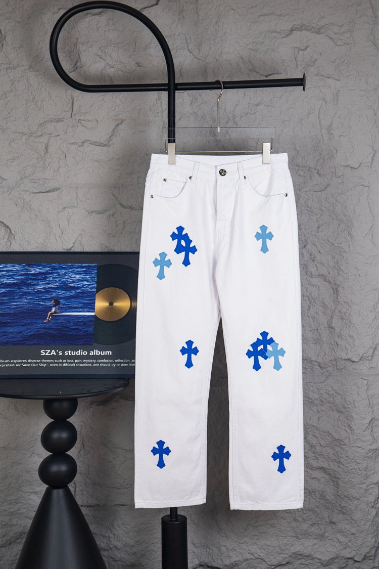 Chrome Hearts  Cross white blue label leather jeans pants