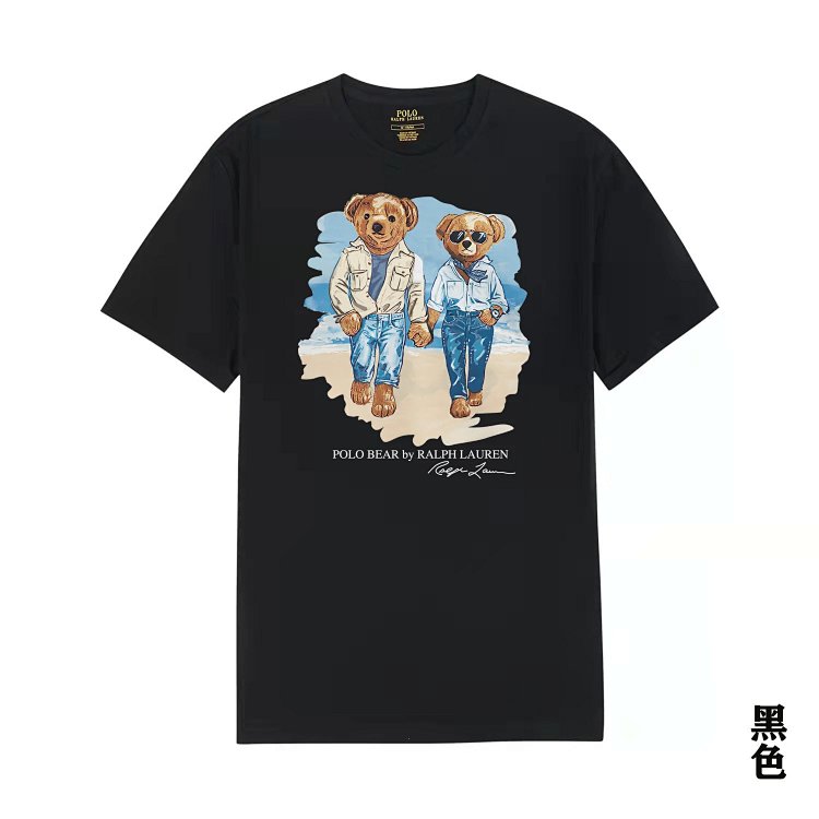 Summer new Paul Polo bear logo printed men's short sleeved men's pure cotton T-shirt round neck base shirt