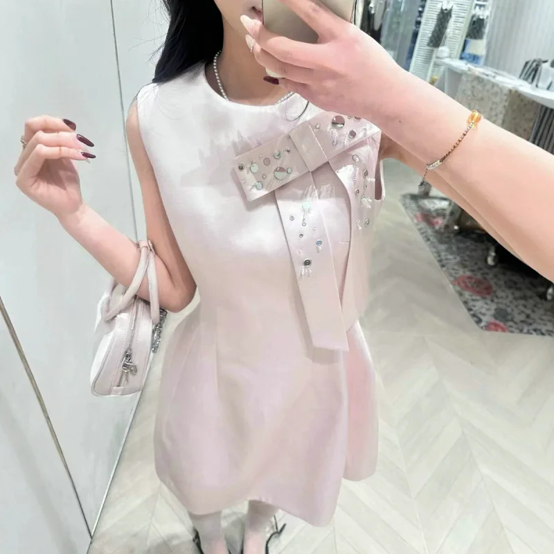 skitr Private high-end customized summer new product, girlish style with diamond studded bow and sleeveless dress for women