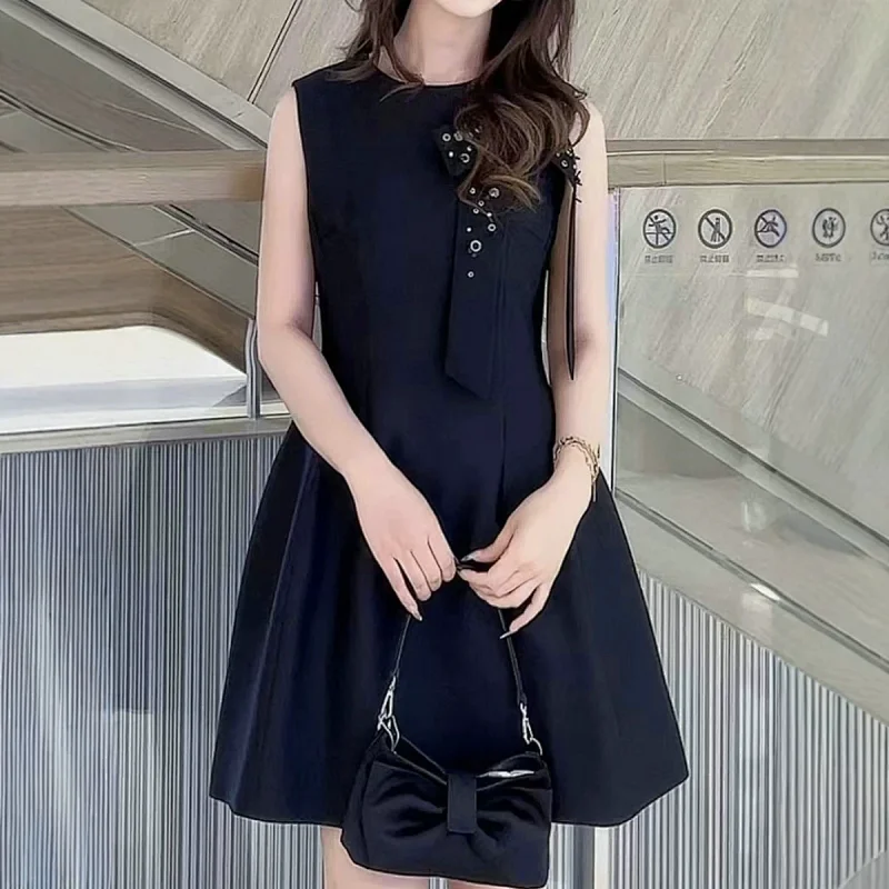 skitr Private high-end customized summer new product, girlish style with diamond studded bow and sleeveless dress for women