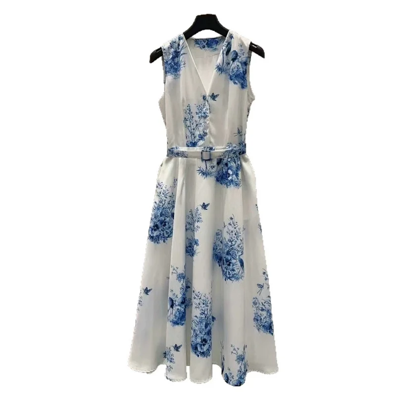 skirt  Seaside vacation blue and white printed long skirt