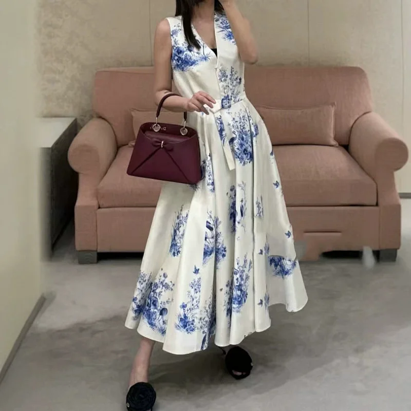 skirt  Seaside vacation blue and white printed long skirt