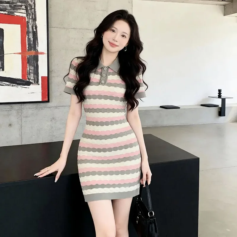 skirt  Summer new socialite small fragrant style striped French knitted dress