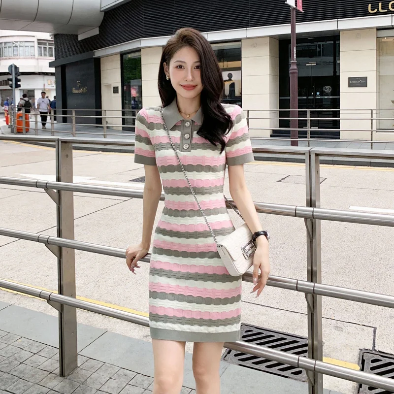 skirt  Summer new socialite small fragrant style striped French knitted dress