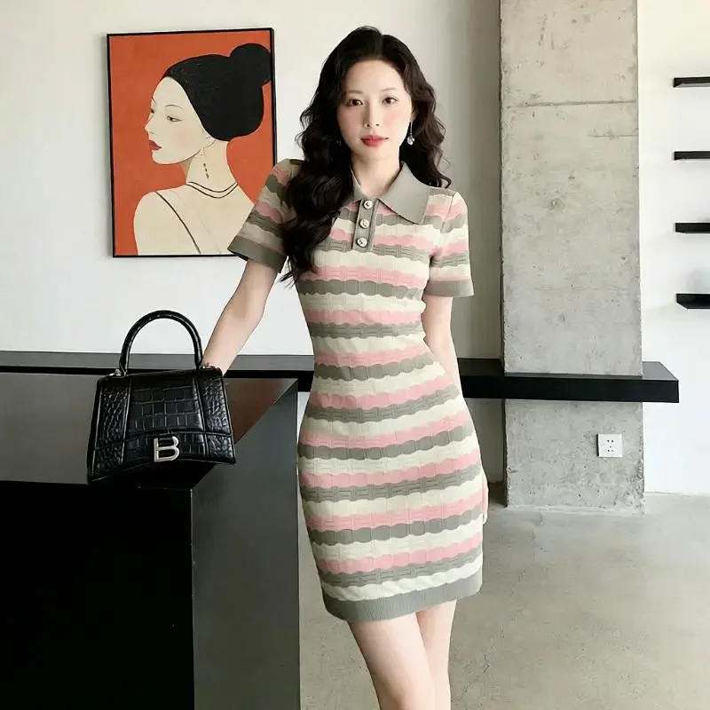 skirt  Summer new socialite small fragrant style striped French knitted dress