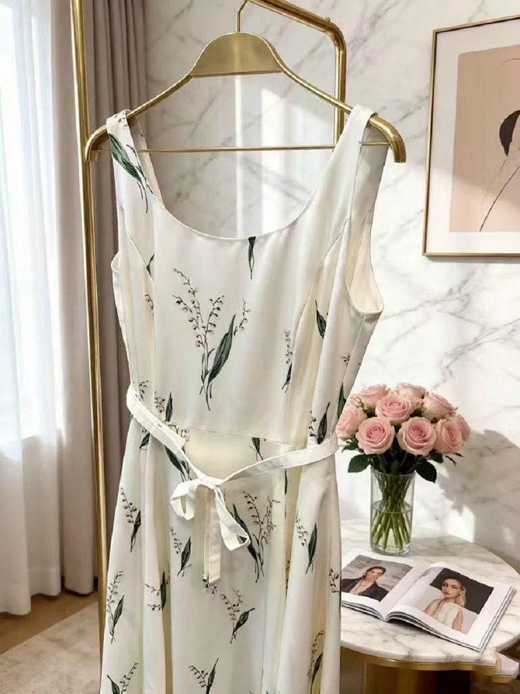 skirrt  Summer new product French retro lily of the valley print suspender skirt