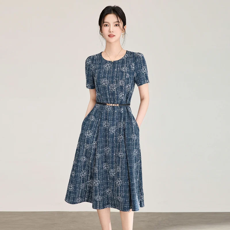 skirt Summer New Product Light Luxury Camellia Jacquard Knitted Tencel Waist slimming Dress