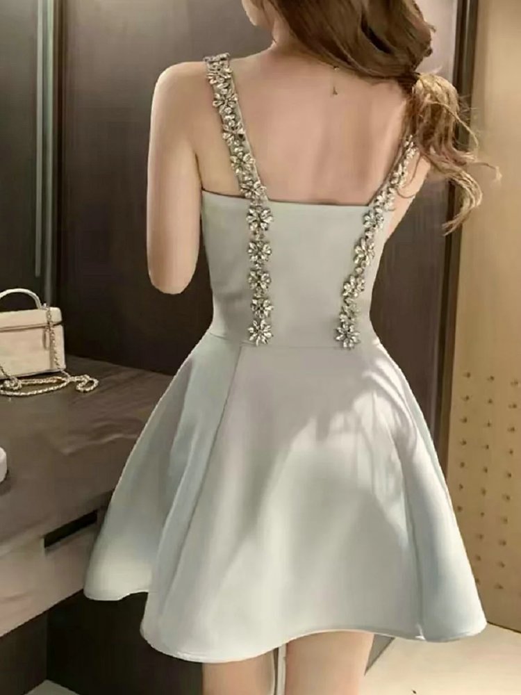 skiirt Summer new French heavy industry rhinestone suspender dress