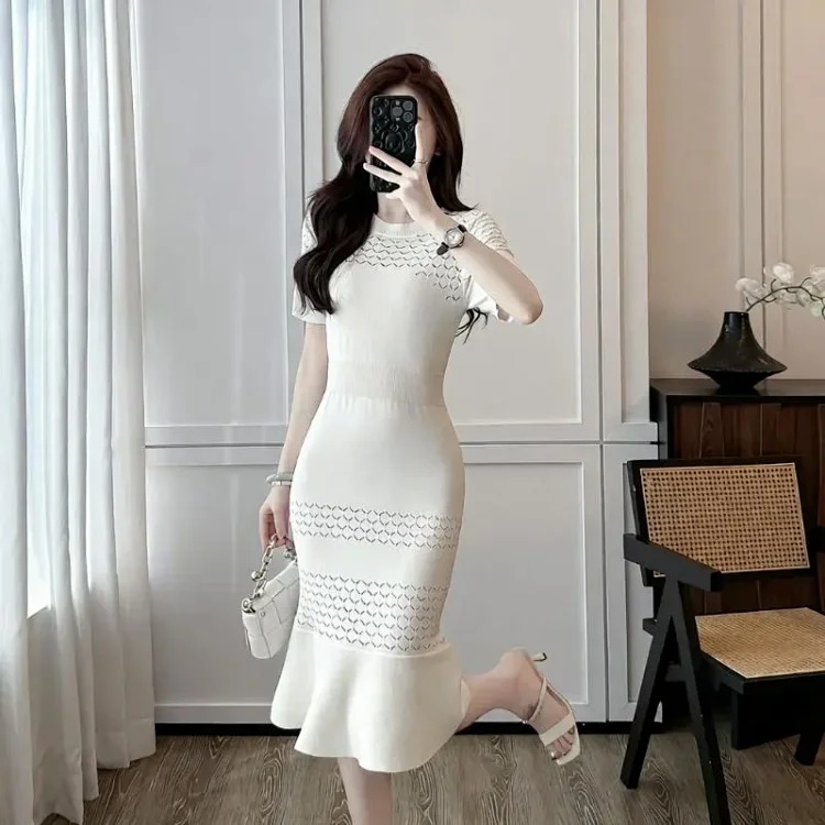 Summer Style Round Neck Short-sleeved Hollow Ice Silk Knitted Dress Sweater