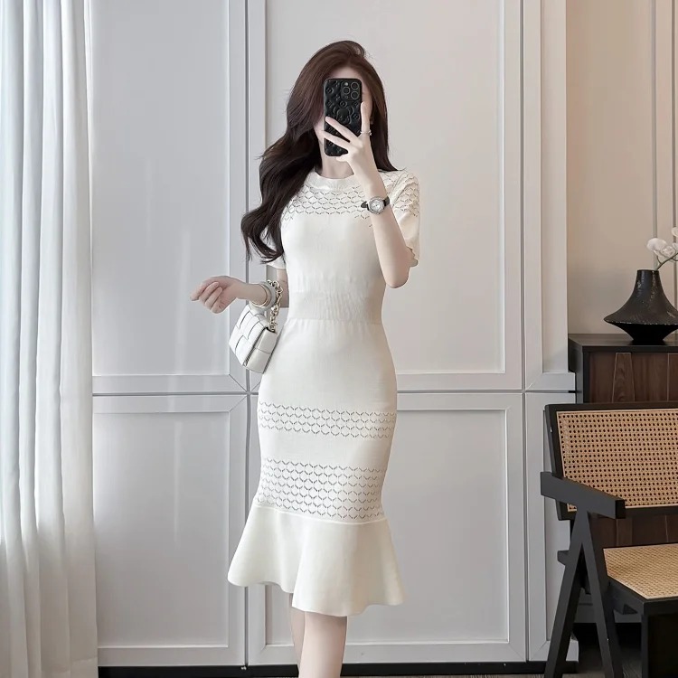 Summer Style Round Neck Short-sleeved Hollow Ice Silk Knitted Dress Sweater