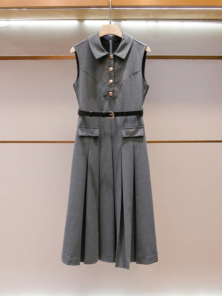 SP's new summer style French casual style celebrity lapel A-line waist slimming long vest pleated dress