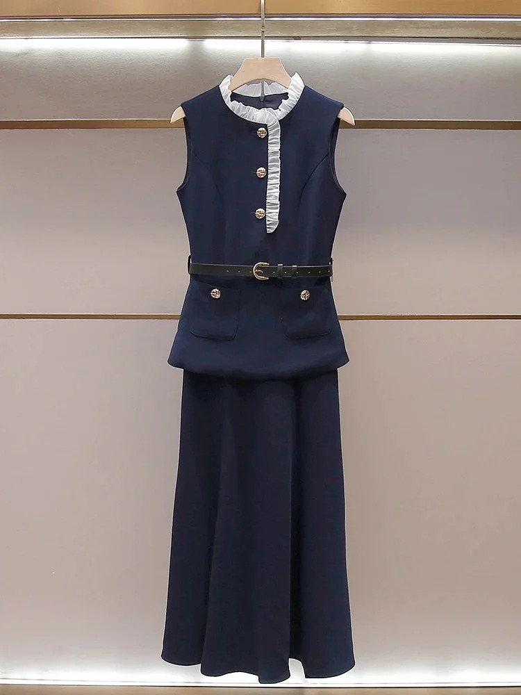 SP's new summer style French rich lady's pleated stand-up collar vest fake two-piece long waist dress for women