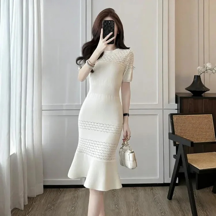 Summer Style Round Neck Short-sleeved Hollow Ice Silk Knitted Dress Sweater