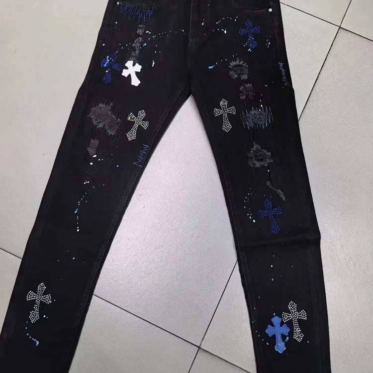Chrome Hearts High Street Black Cross Hot Drilled Punched Jeans