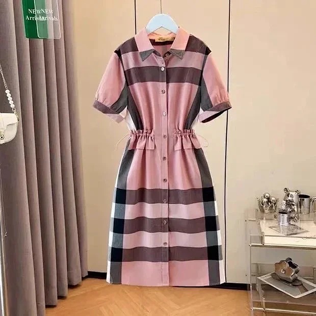 Burberry Light Luxury 2026 Women's British Style High-end Skirt Lapel Plaid Short-sleeved T-Shirt