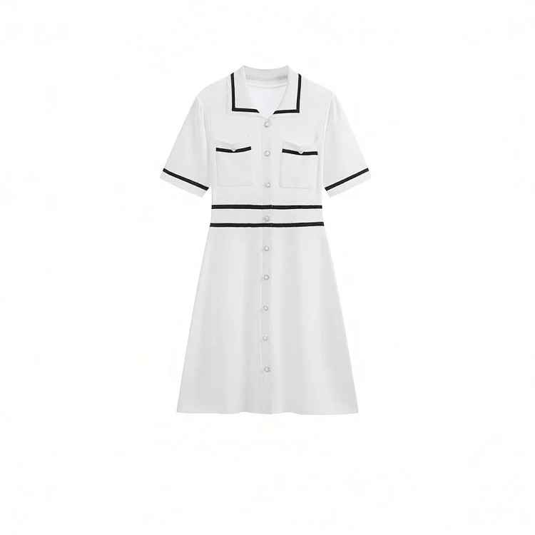 Temperament White Lapel Short-sleeved Slim High-waisted A-line Skirt Small Fragrant Ice Silk Knitted Sweater
