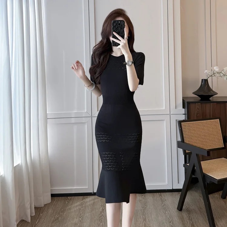 Summer Socialite Xiaoxiangfeng Ice Silk Dress Women's Summer Temperament High-end Hollow High-waisted Thin Sweater