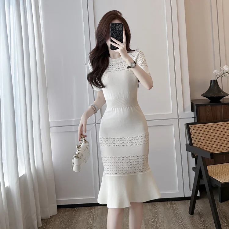 Summer Style Round Neck Short-sleeved Hollow Ice Silk Knitted Dress Sweater