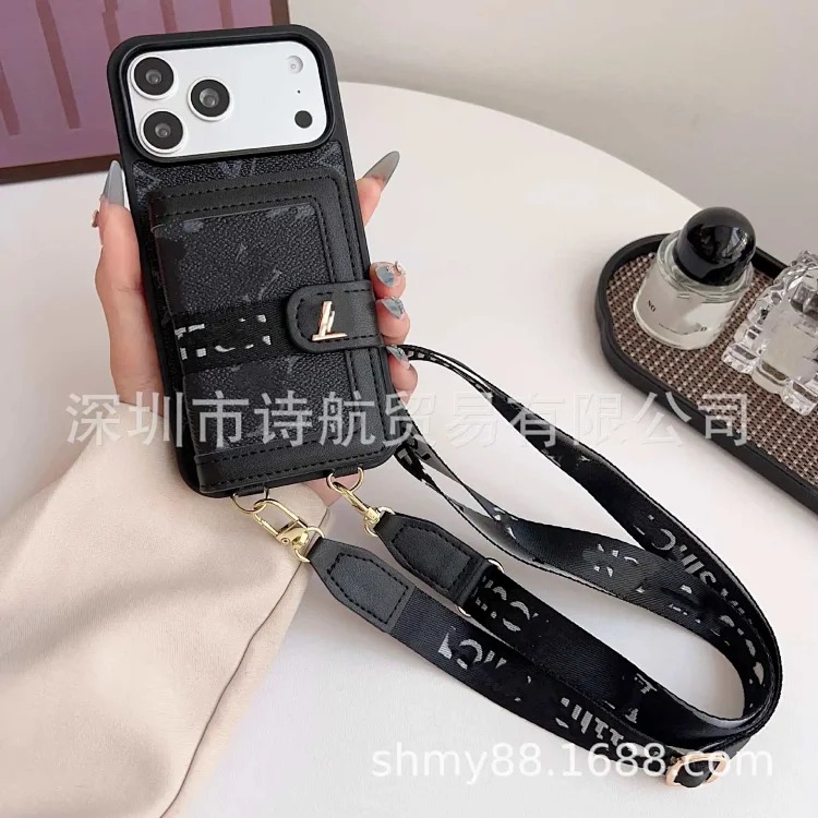 Leather luxury cross-body suitable for Apple 16promax mobile phone case trendy brand ihone17 advanced card holder protective cover