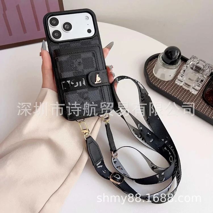 Leather luxury cross-body suitable for Apple 16promax mobile phone case trendy brand ihone17 advanced card holder protective cover