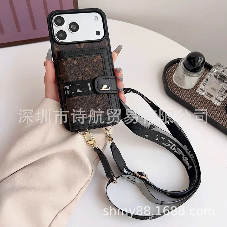 Leather luxury cross-body suitable for Apple 16promax mobile phone case trendy brand ihone17 advanced card holder protective cover