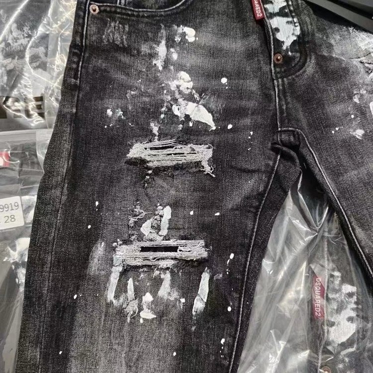 DSQUARED2 Knife Cut Ink Ripped Denim Pants Men's Black Light Luxury Straight Leg Slim Fit Pants