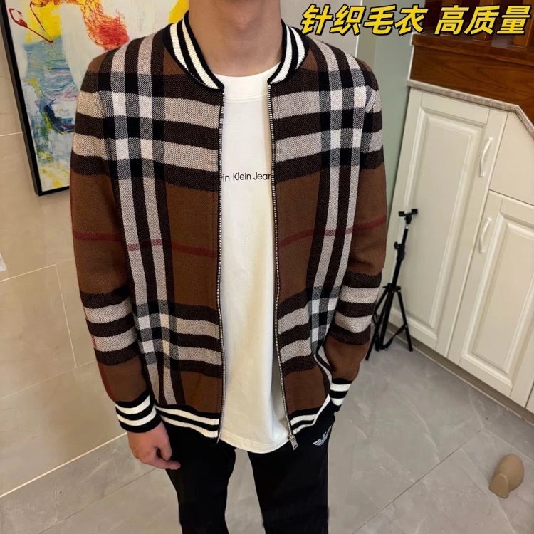 Burberry Knitted Sweater Splicing Checkered Cardigan Light Luxury Jacket Men's Trendy Brand